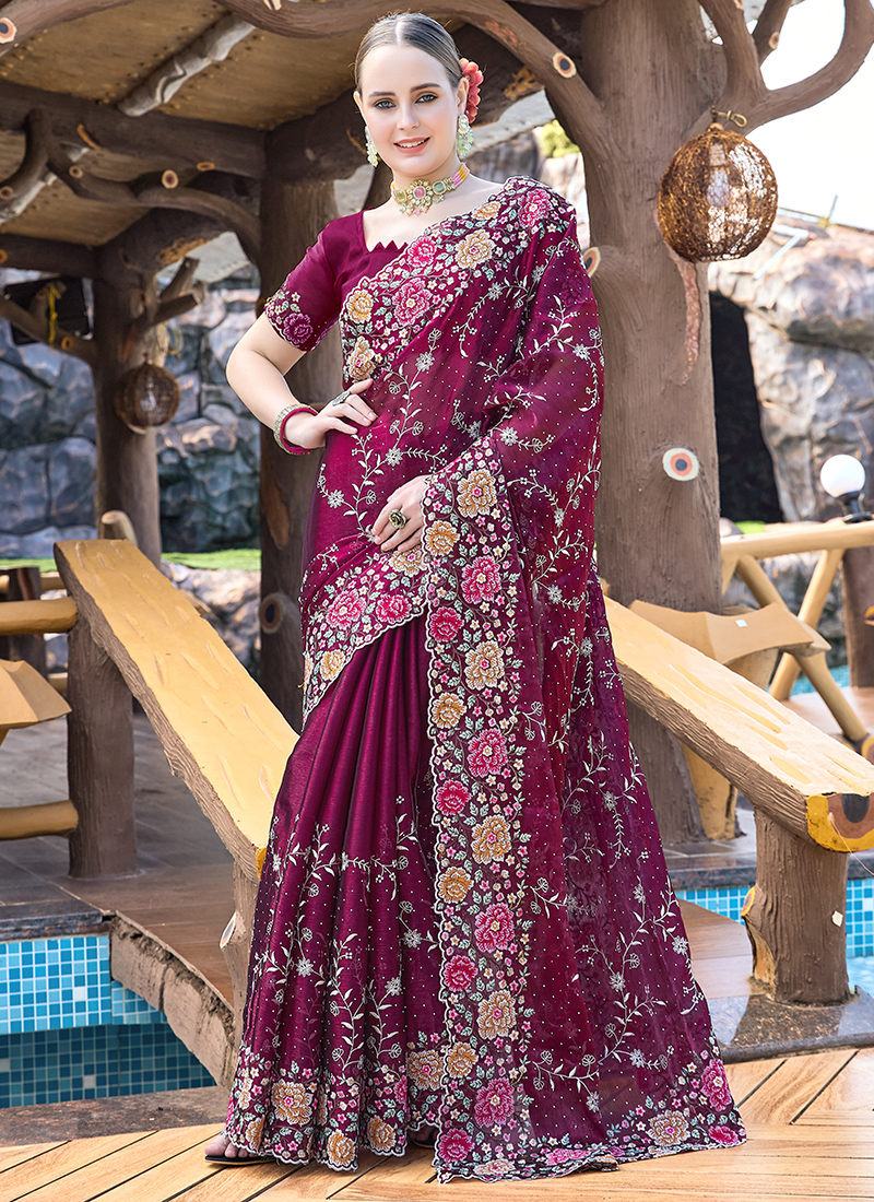 Jimmy Choo Silk Wine Wedding Wear Embroidery Work Saree