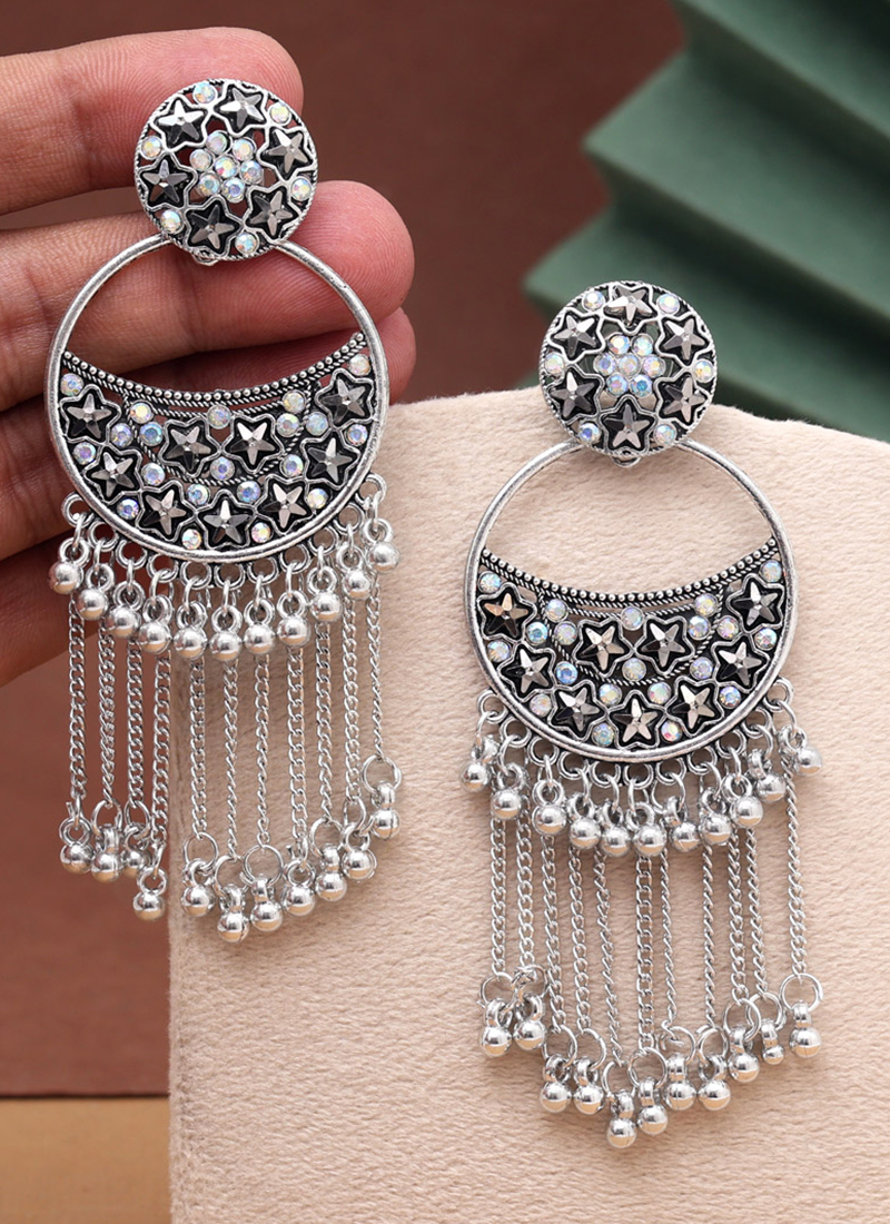 Buy Traditional Wear Silver Color Oxidised Long Earrings Online