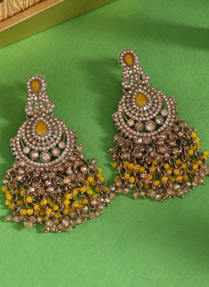Buy Party Wear Yellow Color Gold Tone Crsytal Earrings Online From
