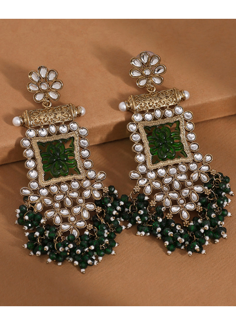 Buy Traditional Wear Green Color Kundan Earrings Online From