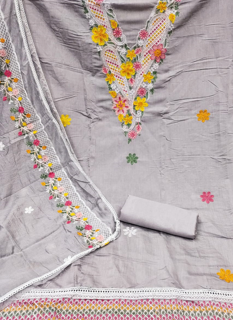 Buy Roman Silk Grey Traditional Wear Embroidery Work Dress