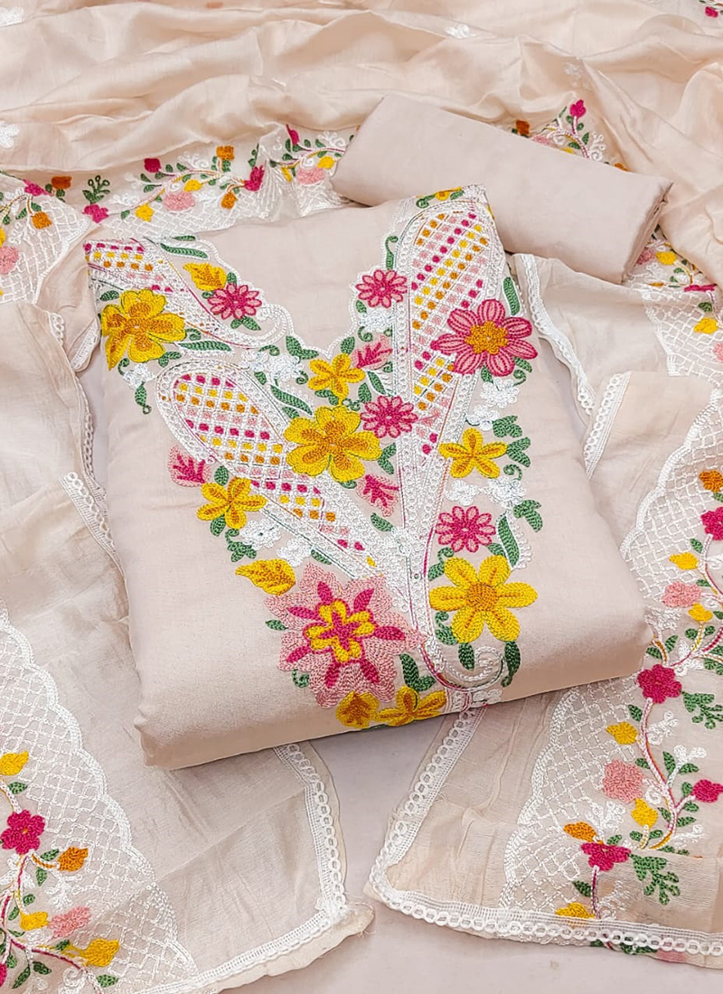 Buy Roman Silk Peach Traditional Wear Embroidery Work Dress