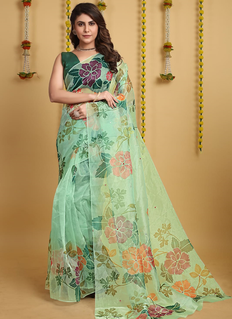 Buy Pure Organza Green Party Wear Printed Saree Online From