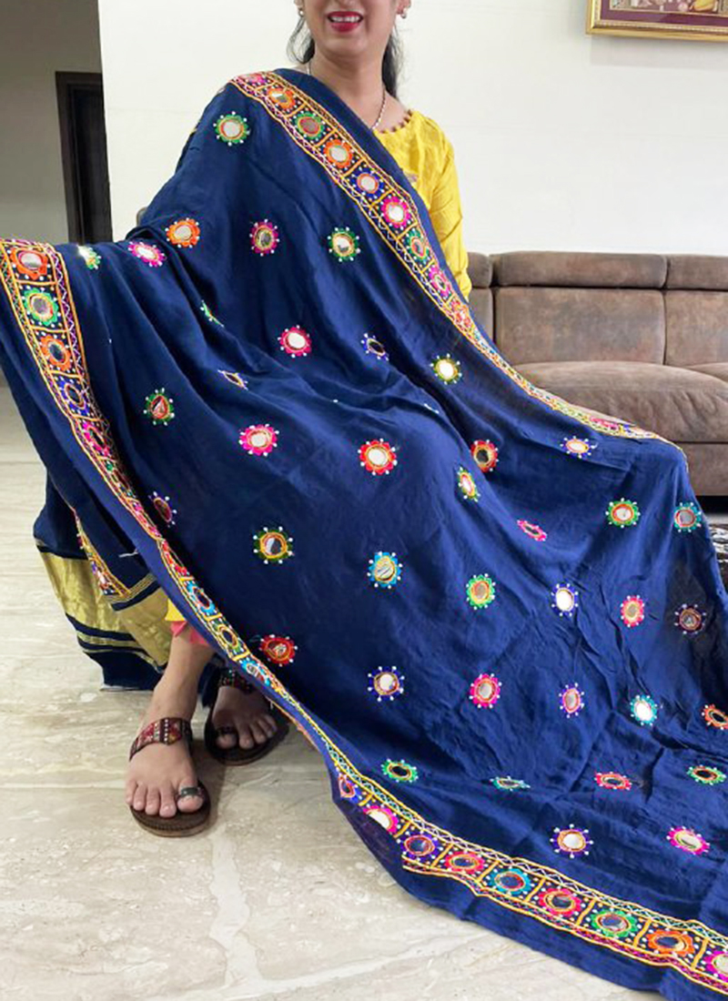 Buy Silk Blue Navratri Wear Embroidery Work Dupatta Online From