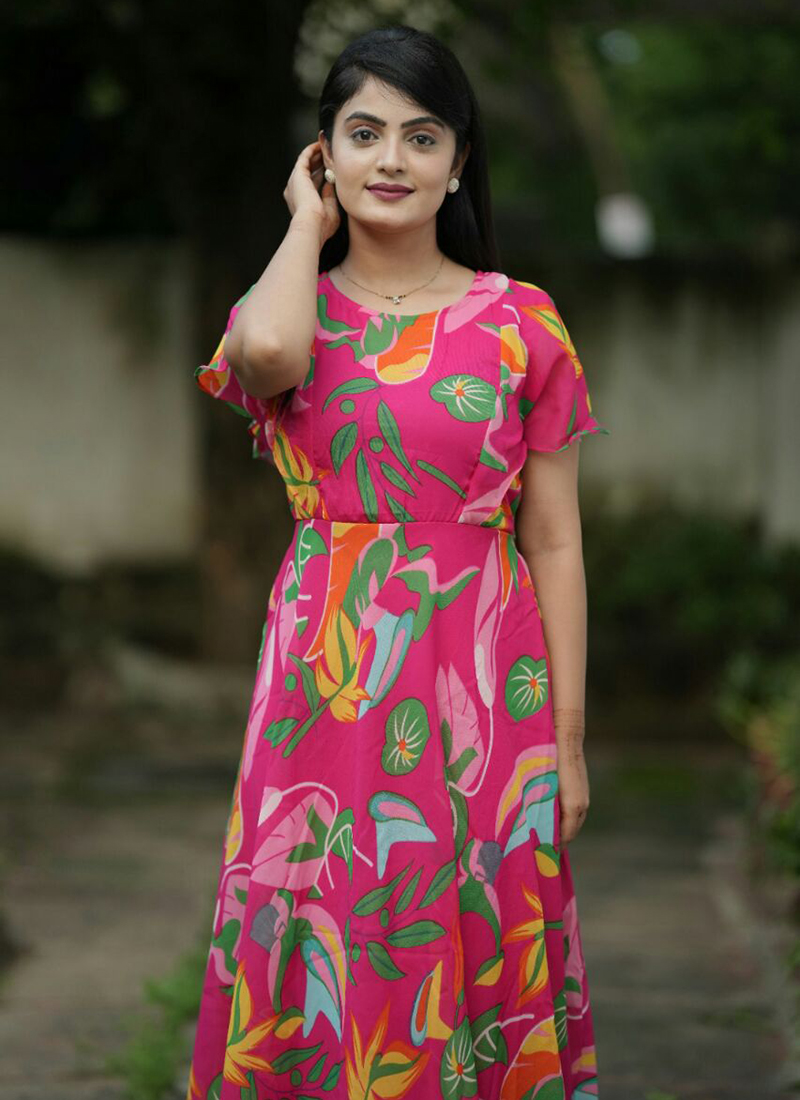 Buy Georgette Pink Beach Wear Printed Readymade Maxi Dress Online