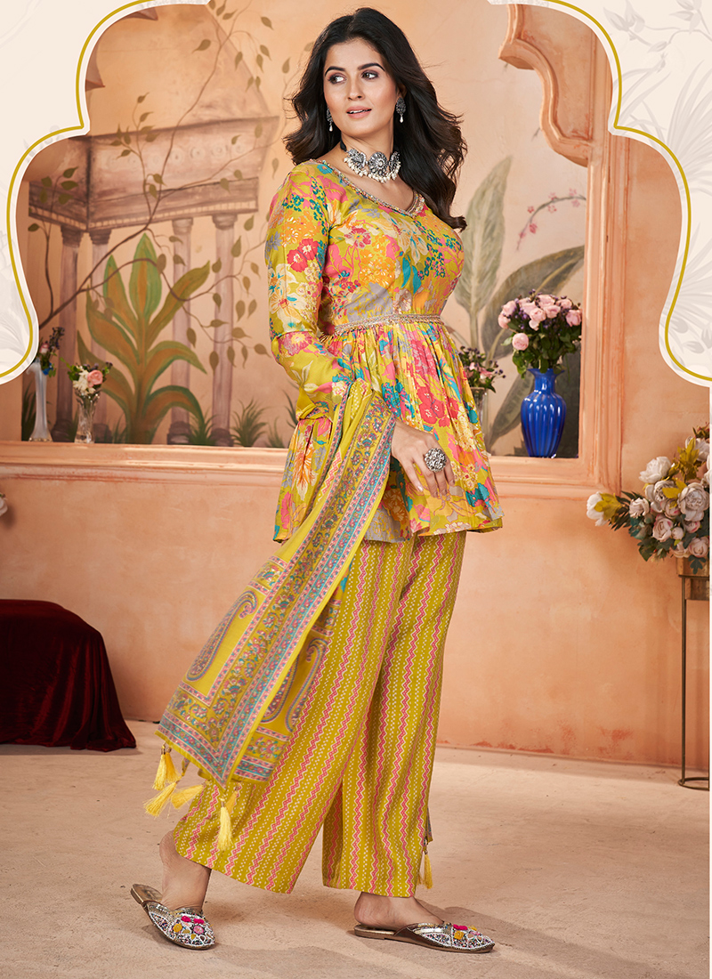Buy Silk Yellow Party Wear Digital Print Readymade Kurti With