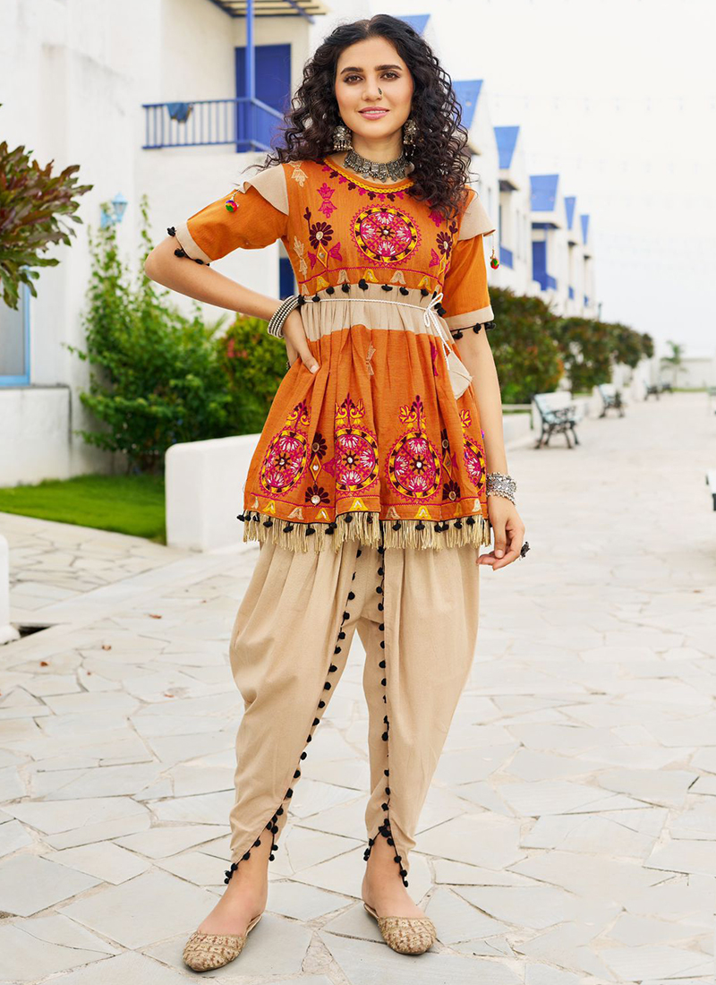 Pure Khadi Cotton Orange Navratri Wear Embroidery Work Readymade Kedia With  Tulip Pant