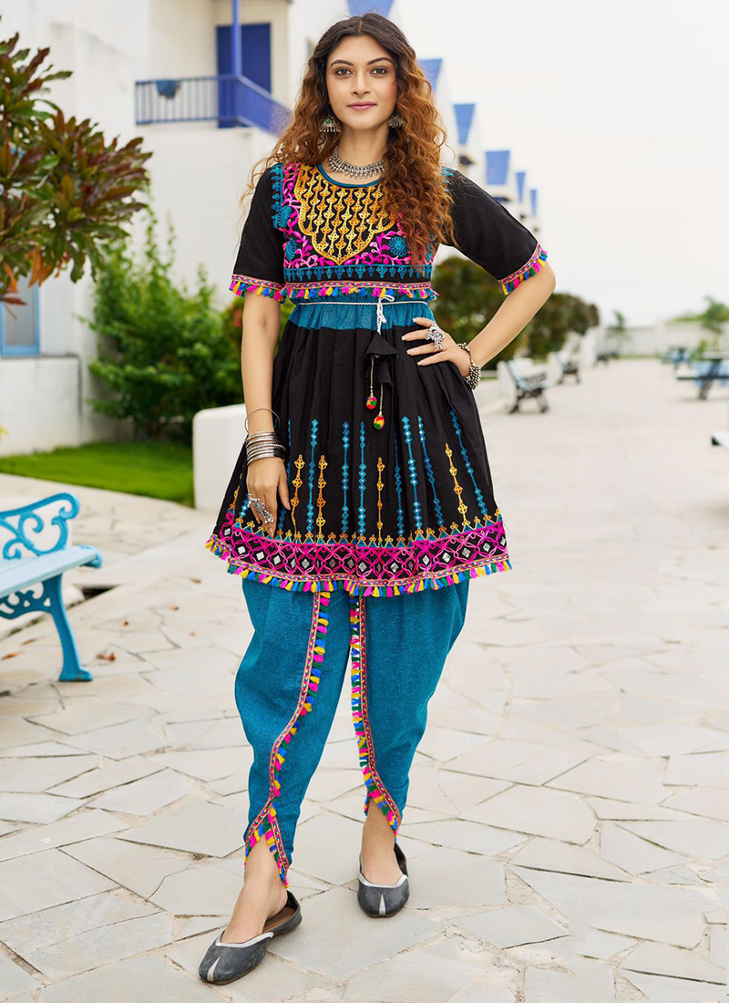 Pure Khadi Cotton Sky Blue Navratri Wear Embroidery Work Readymade Kedia  With Tulip Pant