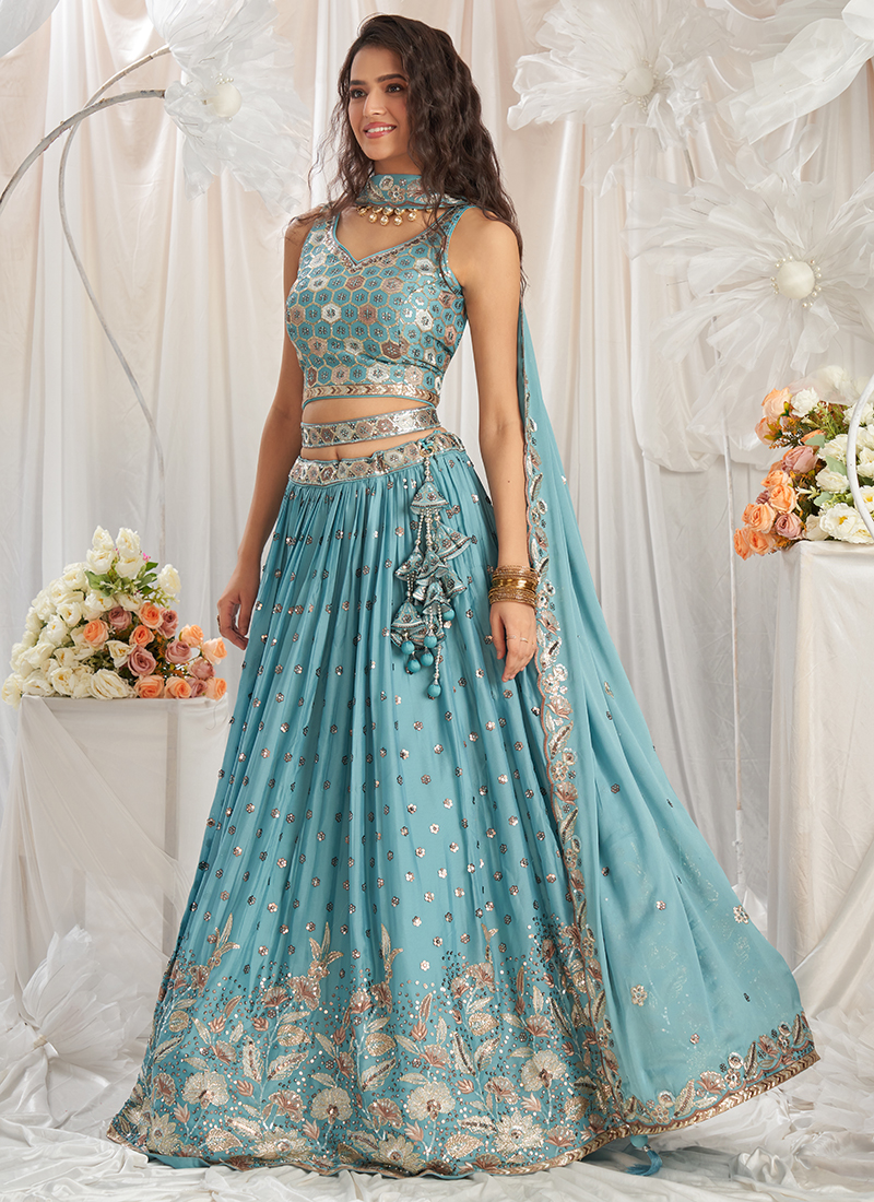 Buy Poly Georgette Turquoise Blue Wedding Wear Sequins Work