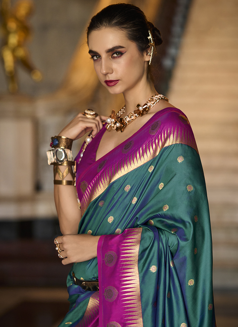 Buy Soft Silk Contrast Rama Ceremonial Wear Weaving Saree Online From ...