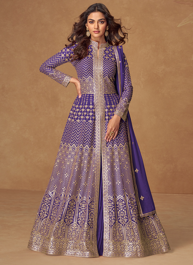 Georgette Violet Party Wear Embroidery Work Readymade Anarkali Gown