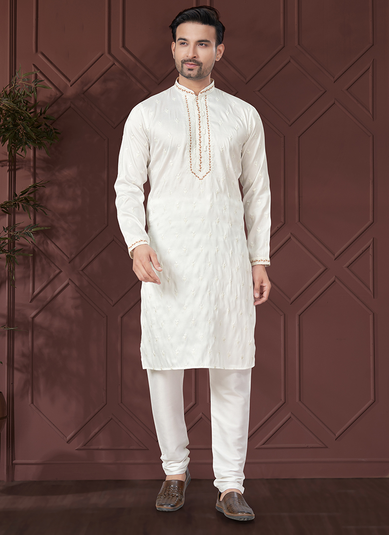 Buy Silk White Party Wear Sequin Work Readymade Kurta Pajama