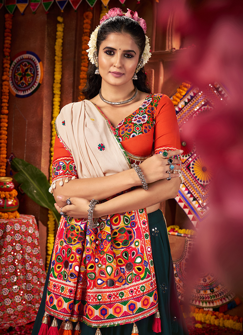 Black Multicolor Viscose Cotton Mirror Embroidered Lehenga Choli with Jacket