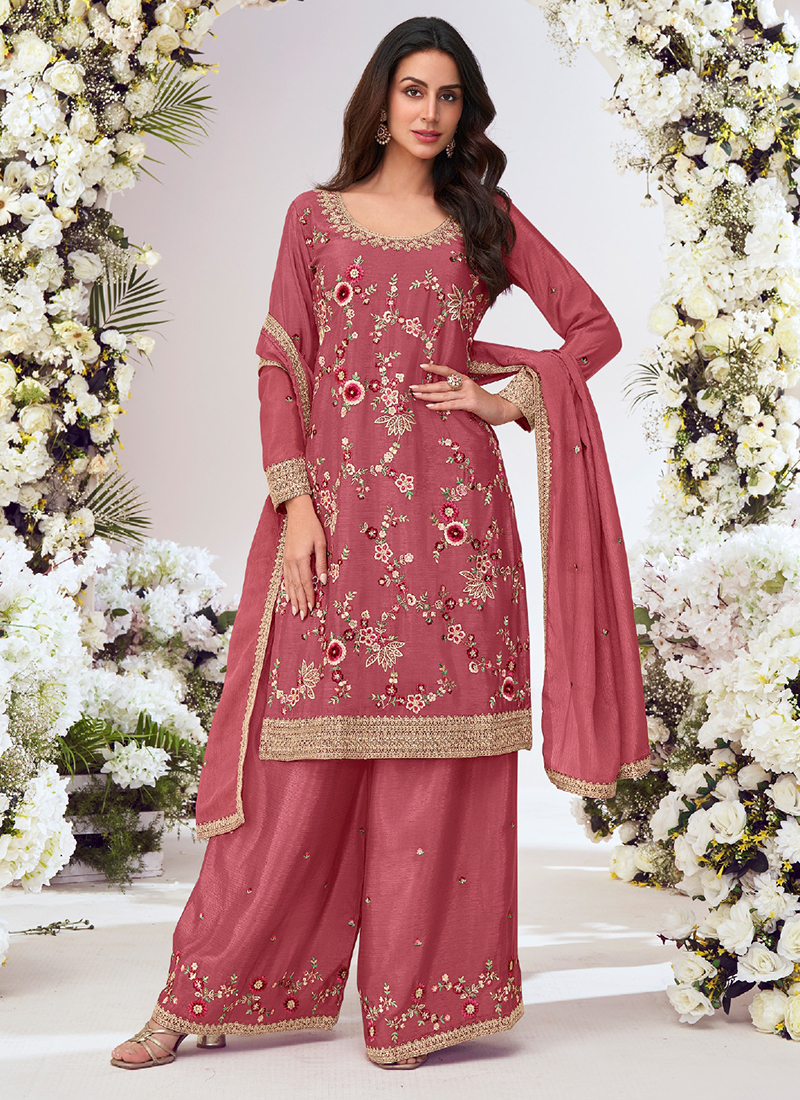 Party Wear Designer Real Chinnon Plazzo Suit main image 1