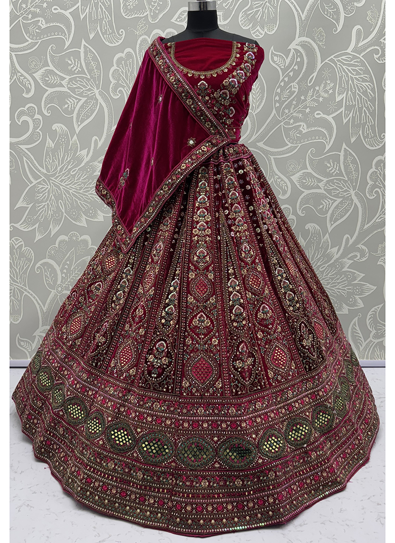 Buy Velvet Rani Pink Wedding Wear Thread Work Lehenga Choli Online From ...