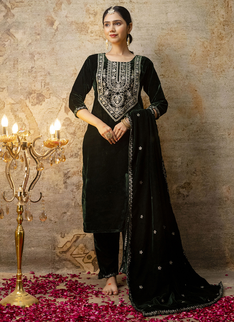 Buy Velvet Dark Green Party Wear Embroidery Work Readymade Salwar