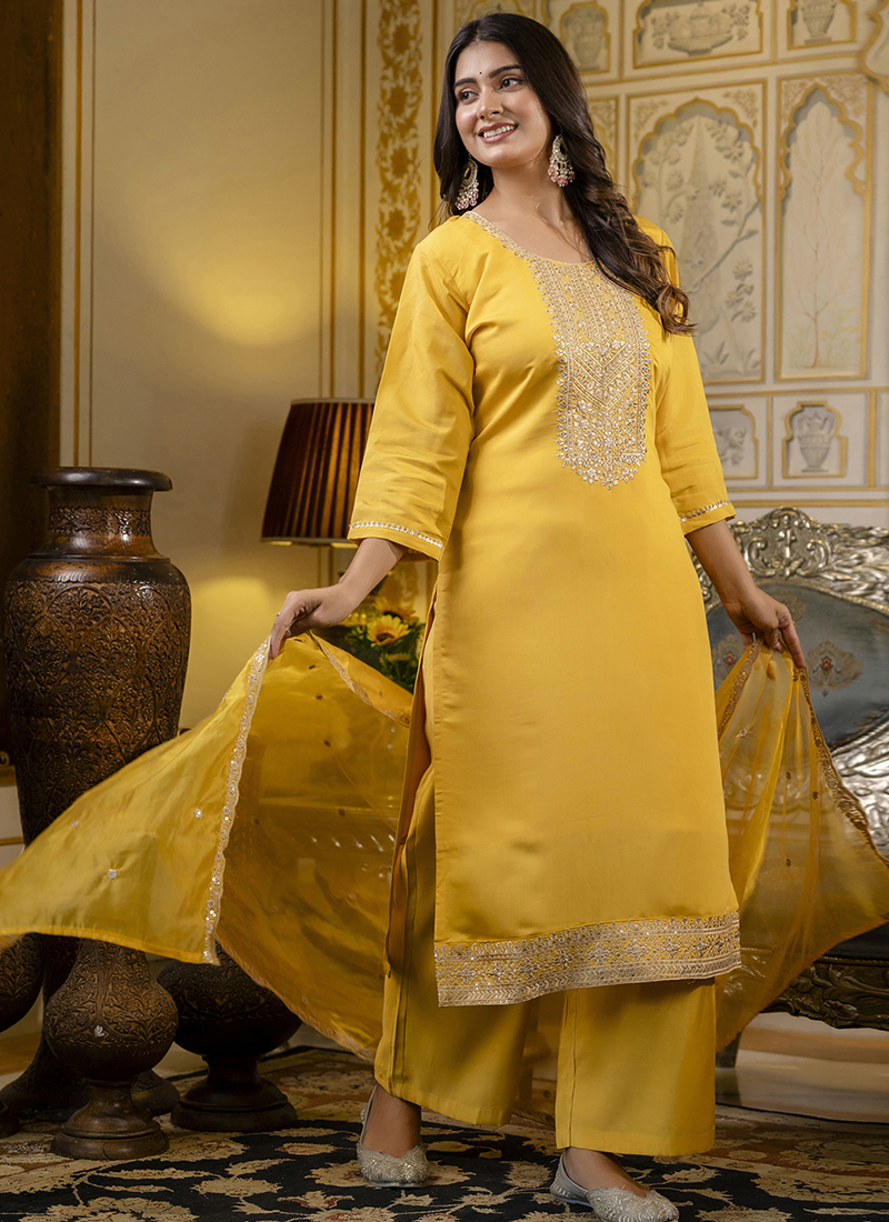 Buy Silk Blend Yellow Casual Wear Embroidery Work Readymade Salwar