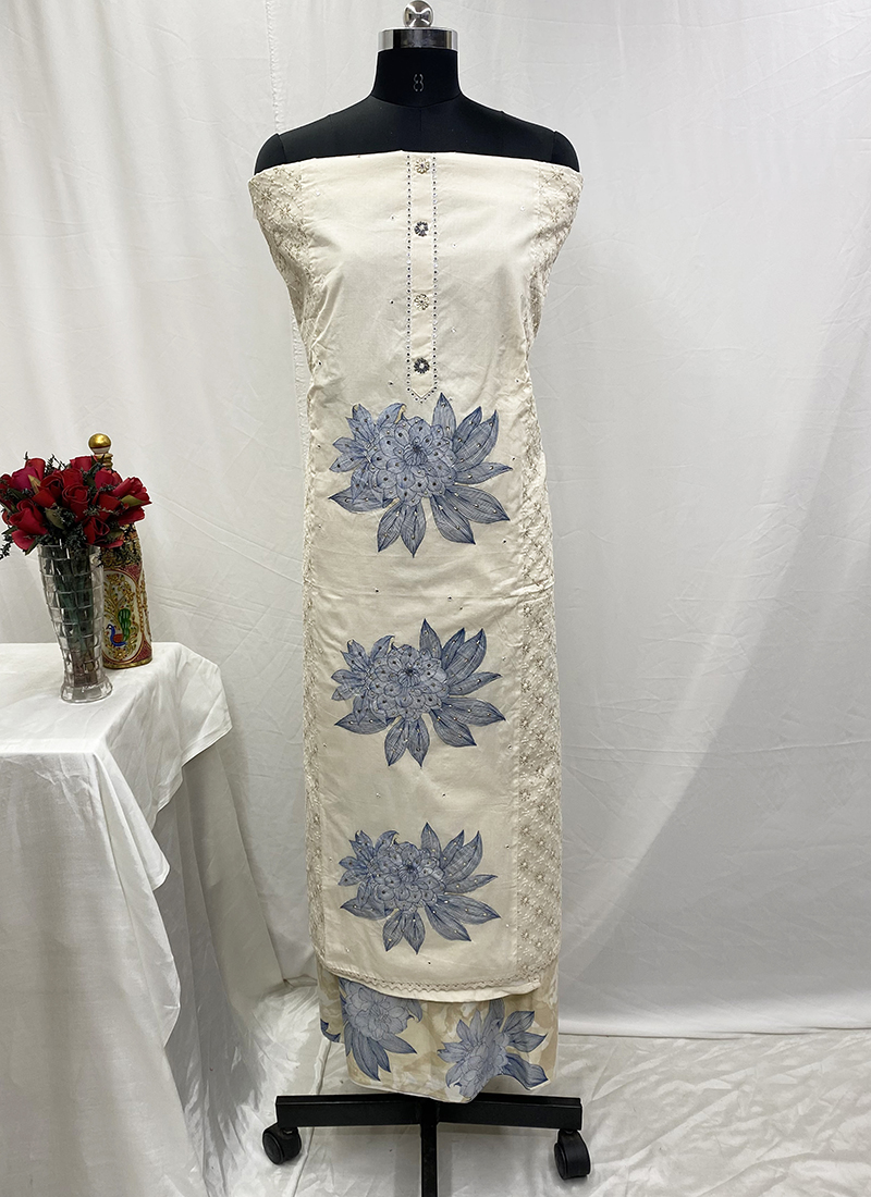 Buy Cotton Blue Casual Wear Mirror Work Dress Material Online From Wholesale Salwar