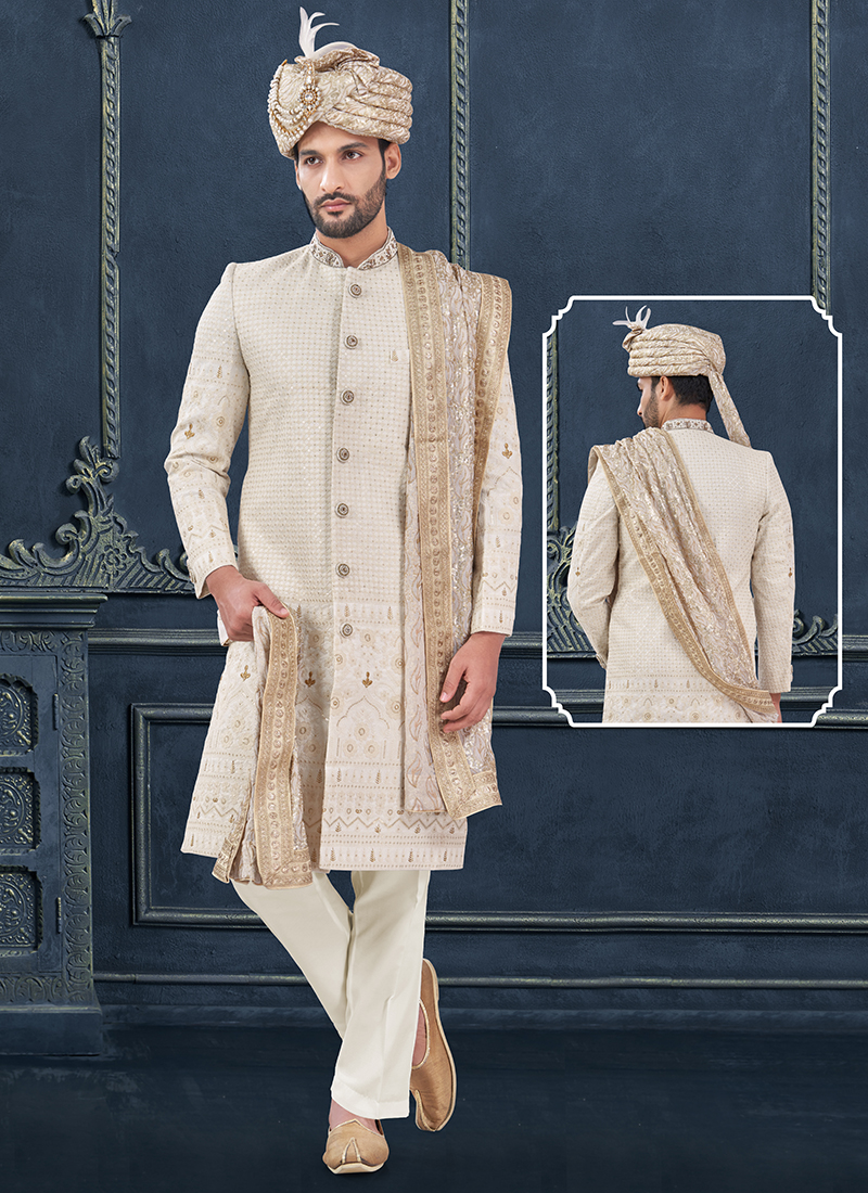 Georgette Off White Groom Wear Hand Work Readymade Sherwani With Turban