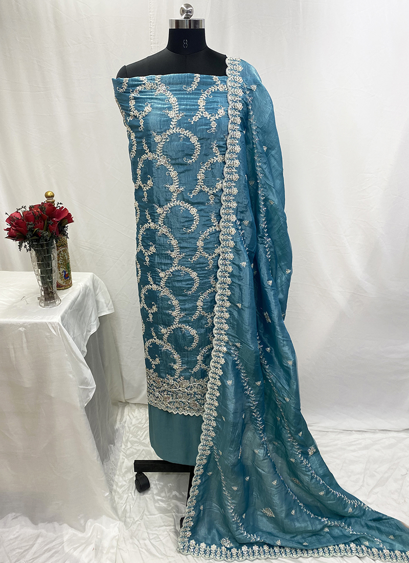Buy Roman Silk Blue Wedding Wear Stone Work Dress Material Online