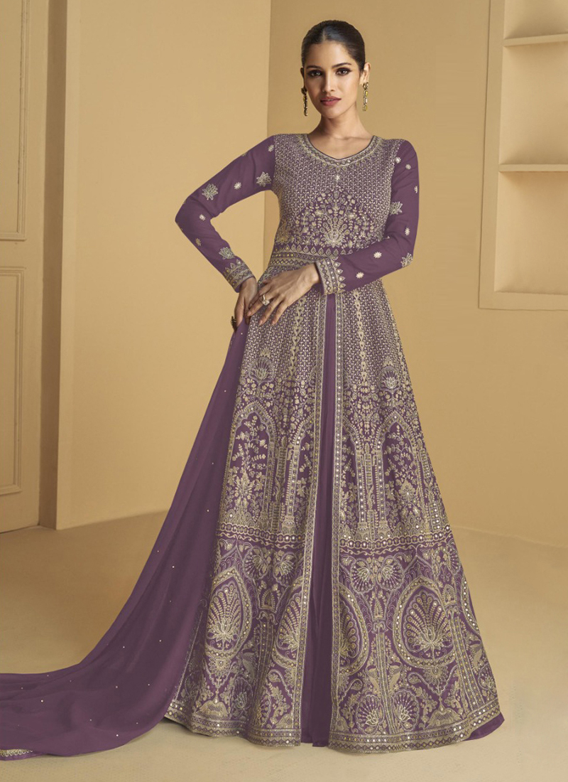 Georgette Purple Eid Wear Embroidery Work Abaya Style Suit