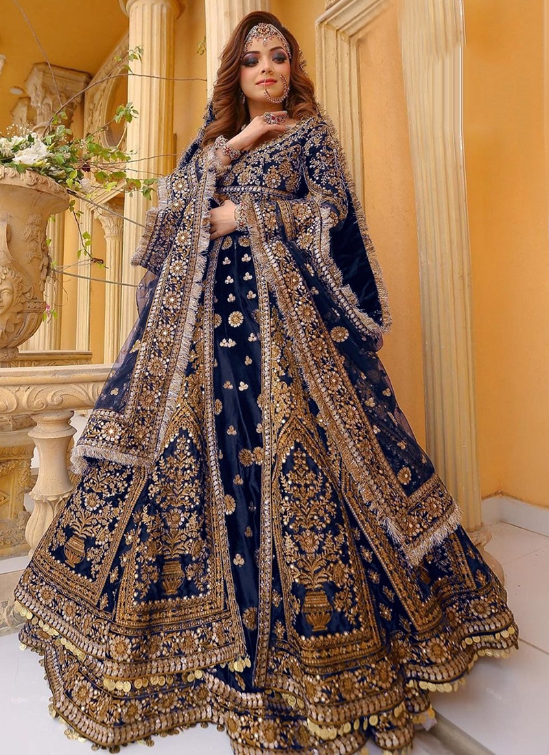 Buy Velvet Blue Bridal Wear Embroidery Work Lehenga Suit Online
