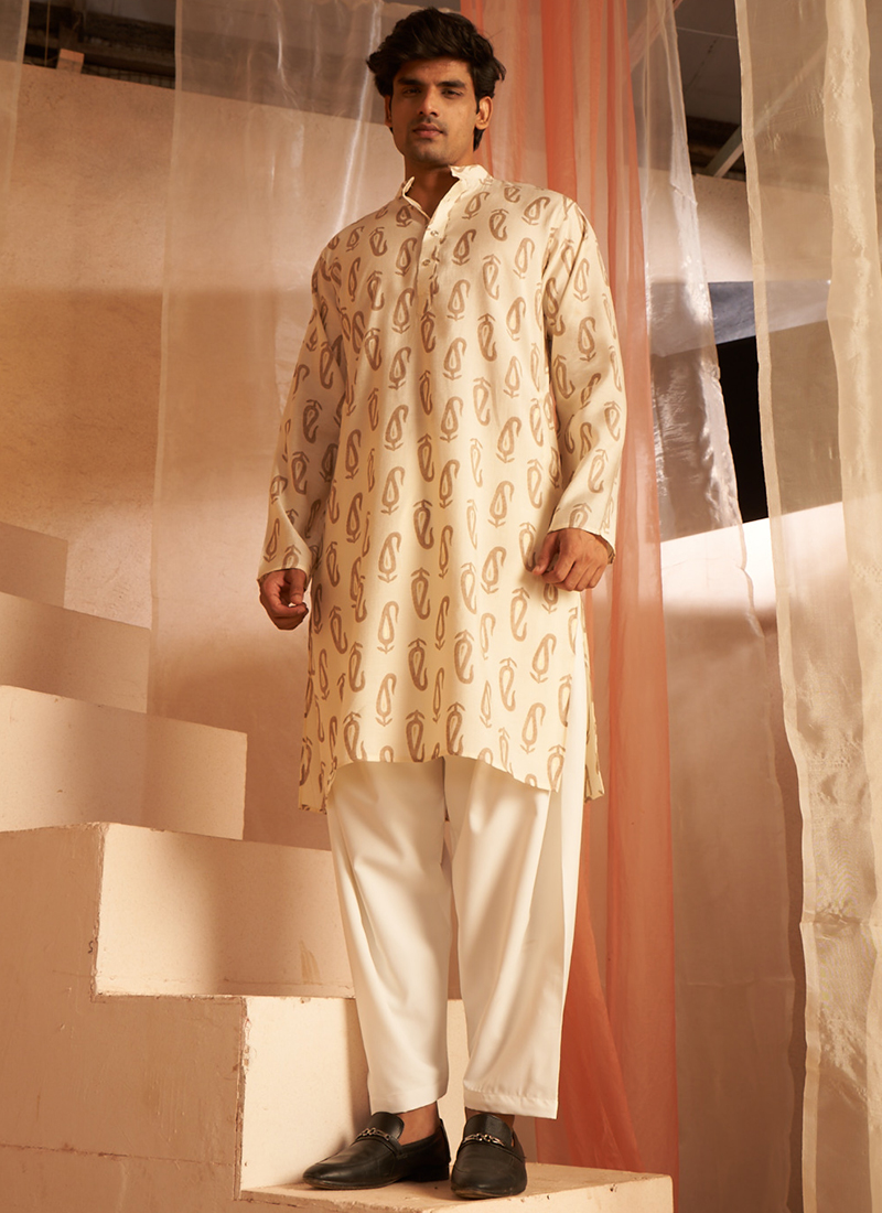 Buy Modal Silk Off White Eid Wear Designer Printed Readymade Kurta
