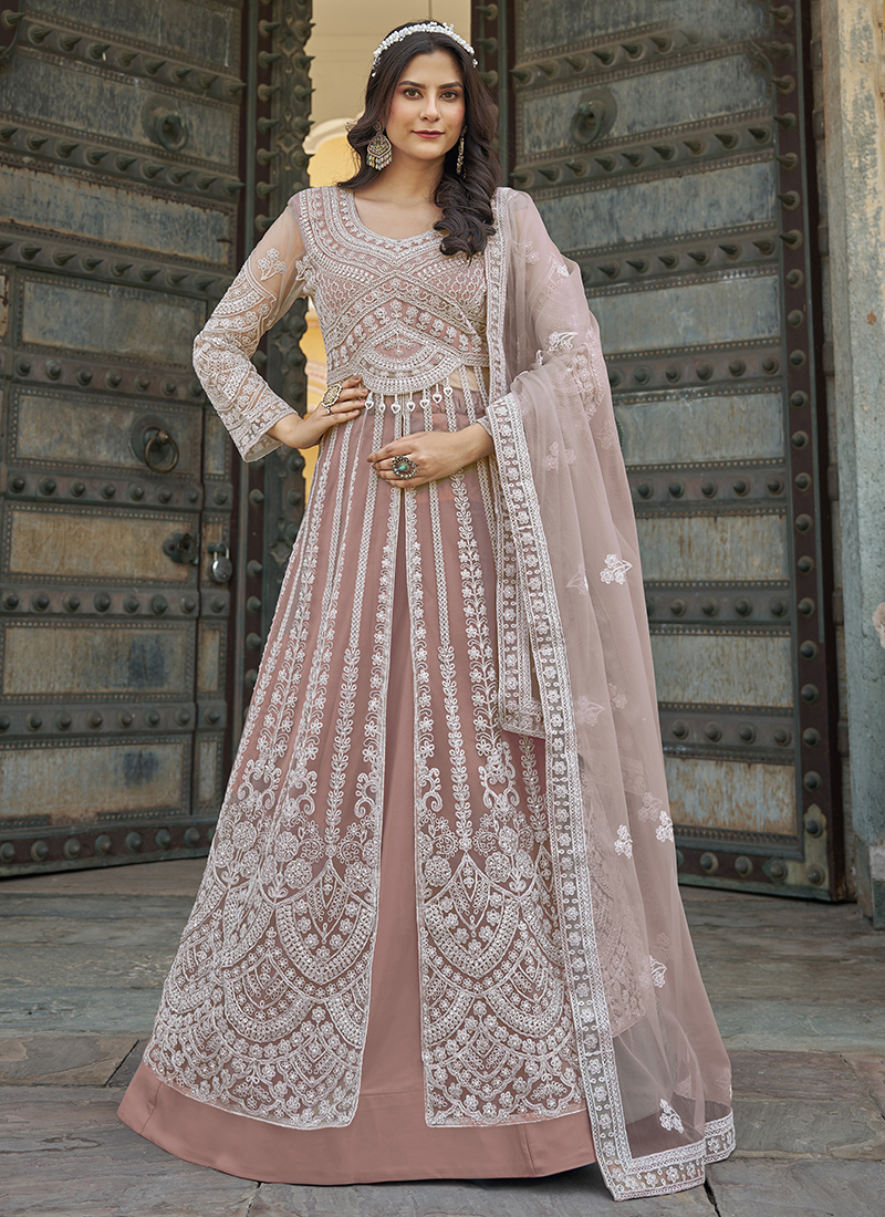 Butterfly Net Dusty Peach Wedding Wear Embroidery Work Anarkali Gown