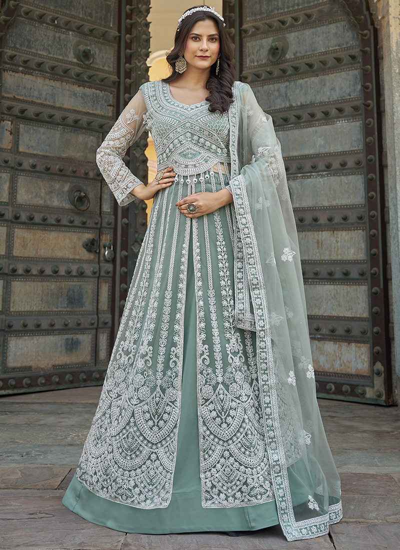 sage green anarkali dress Buy Sage Green Embroidery Festive Anarkali Suit Online main image 1