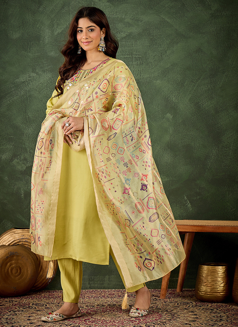 Buy Silk Blend Light Yellow Casual Wear Embroidery Work Readymade