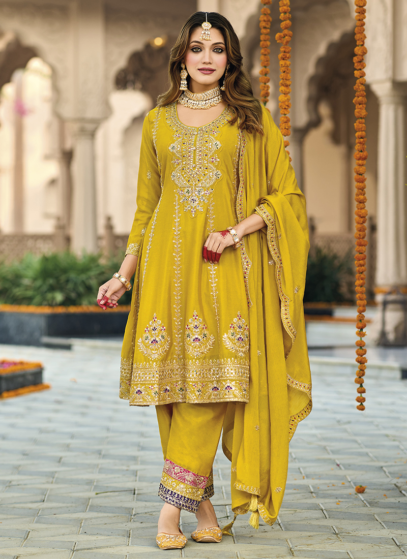 Buy Chinon Silk Mustard Wedding Wear Embroidery Work Readymade