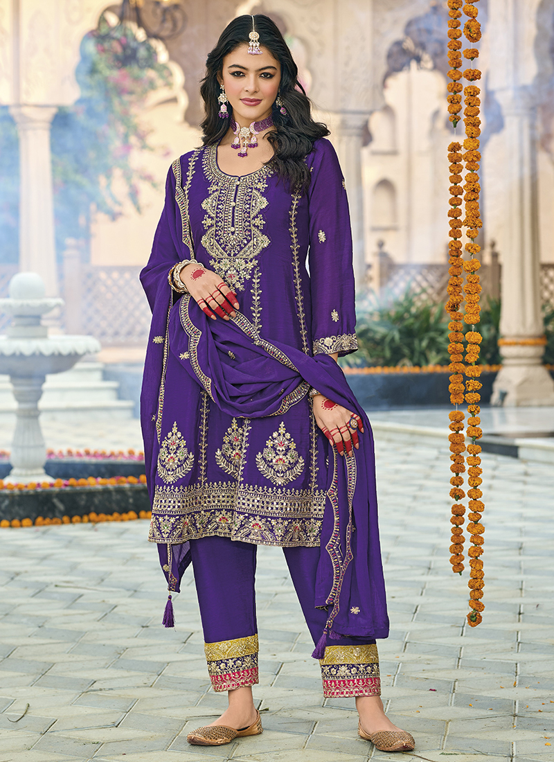 Buy Chinon Silk Violet Wedding Wear Embroidery Work Readymade