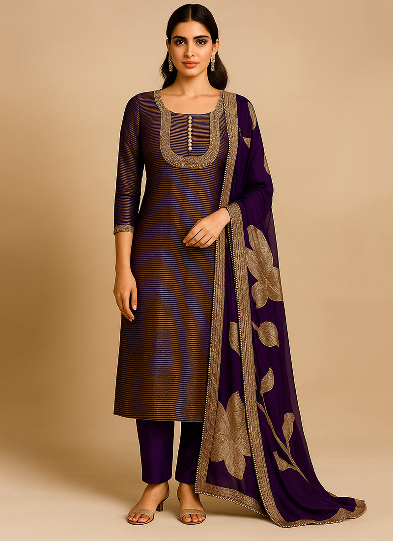 Purple Readymade Pant Suit With Organza Dupatta