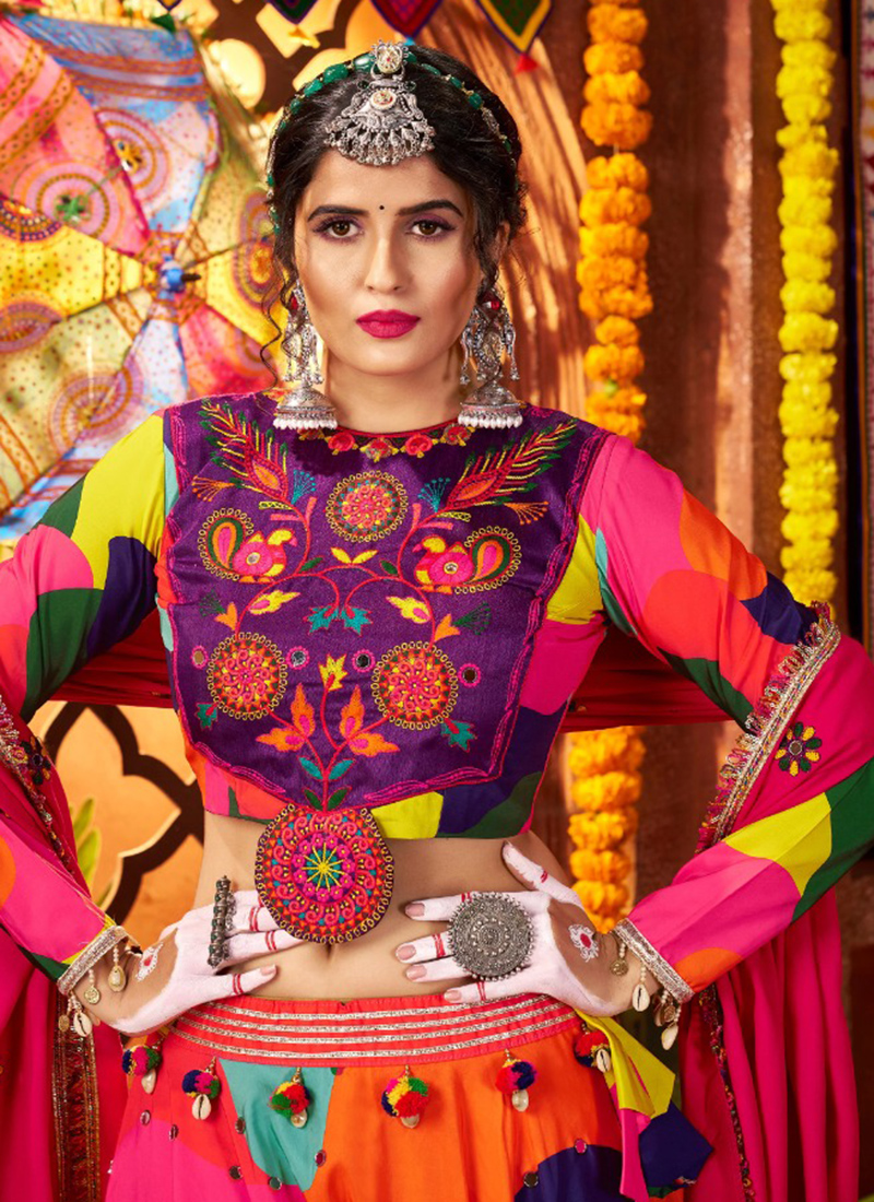 Buy Muslin Multi Color Navratri Wear Mirror Work Readymade Lehenga ...