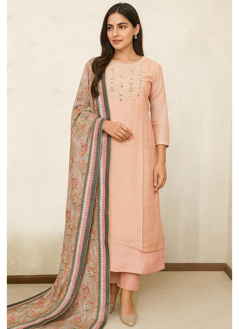 Women Light Peach Dola Silk Jacquard Designer Salwar Suit