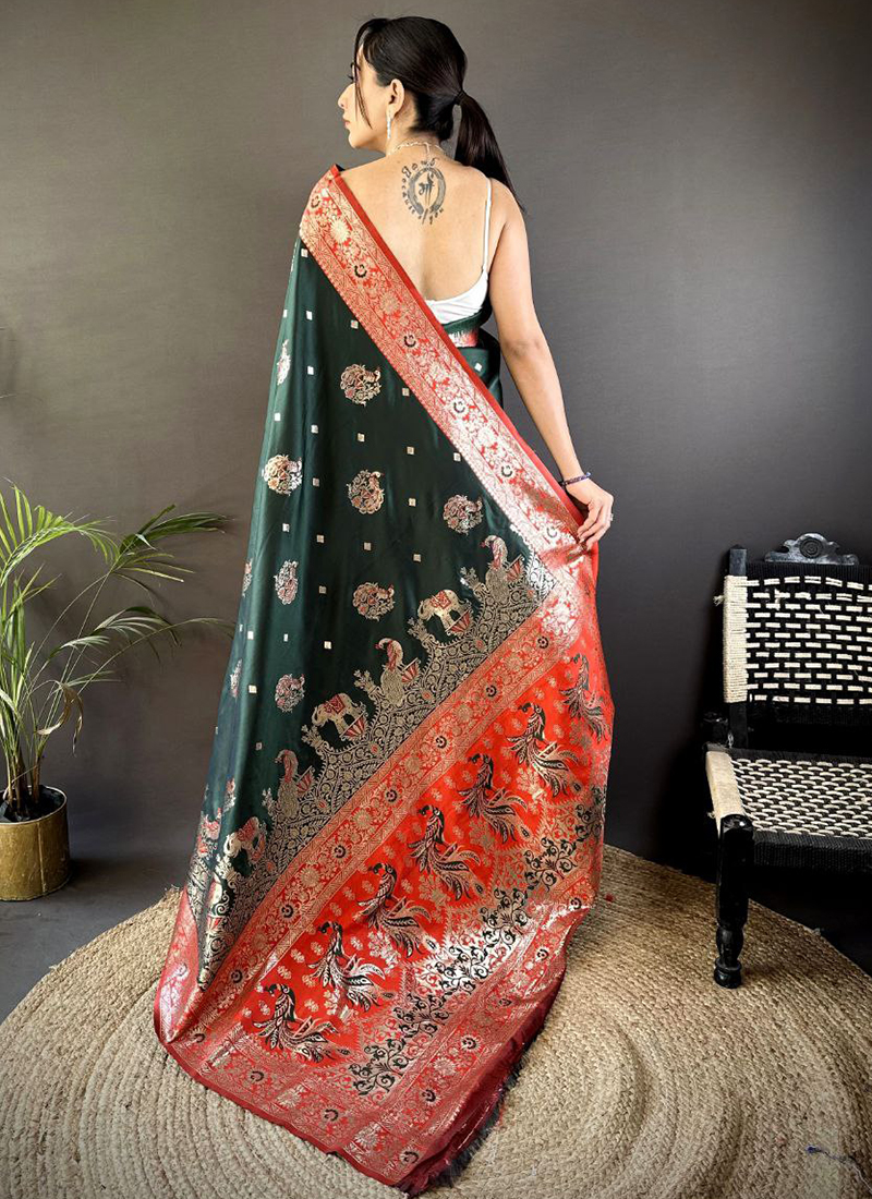 Buy Pure Paithani Banarasi Silk Dark Green Festival Wear Weaving Work ...