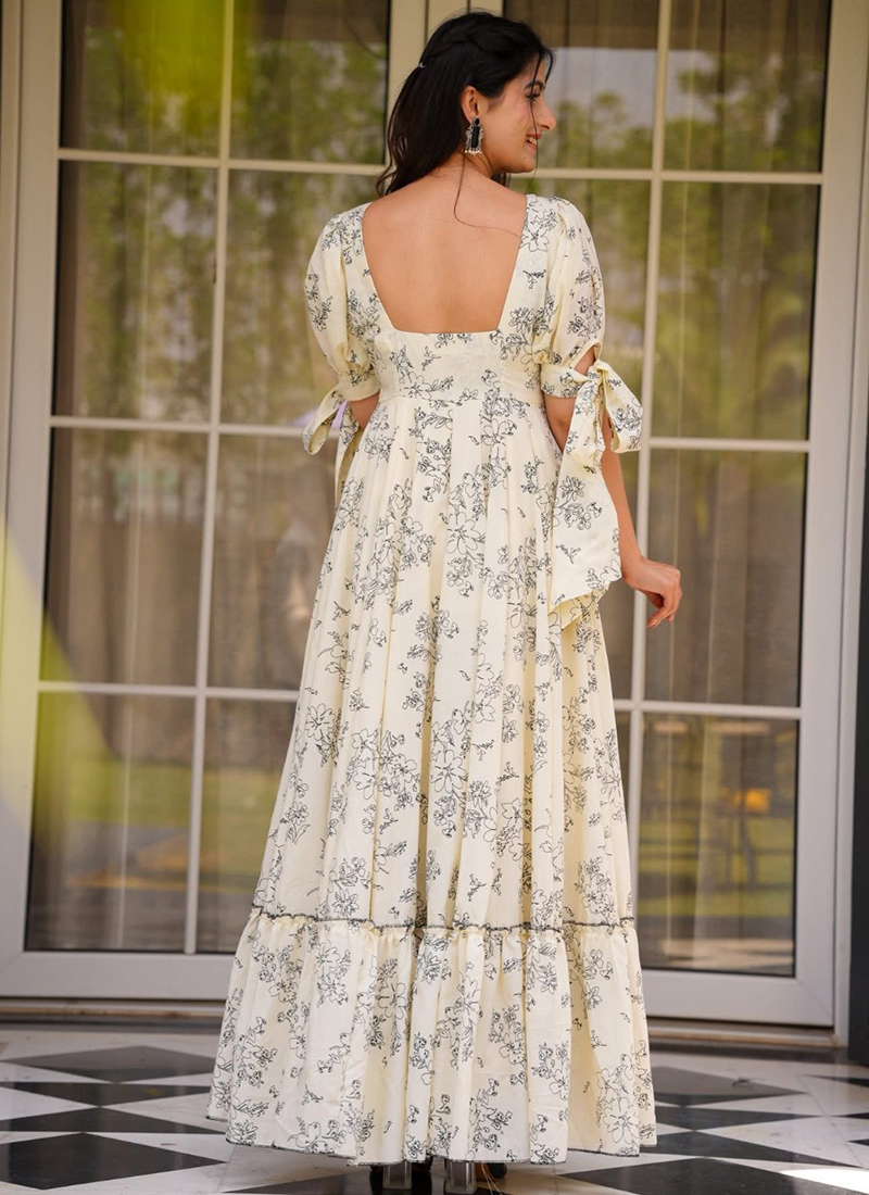 Poly Rayon Off White Casual Wear Printed Work Readymade Gown