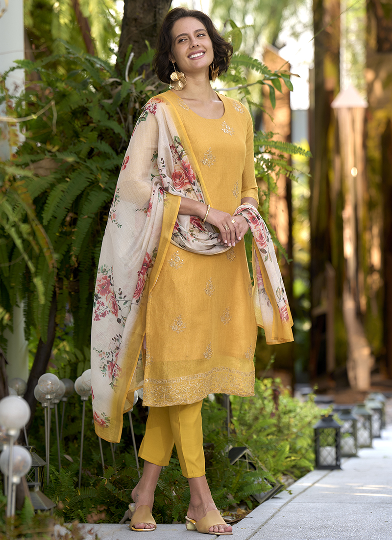 Buy Tissue Yellow Casual Wear Embroidery Work Readymade Salwar - Main Image