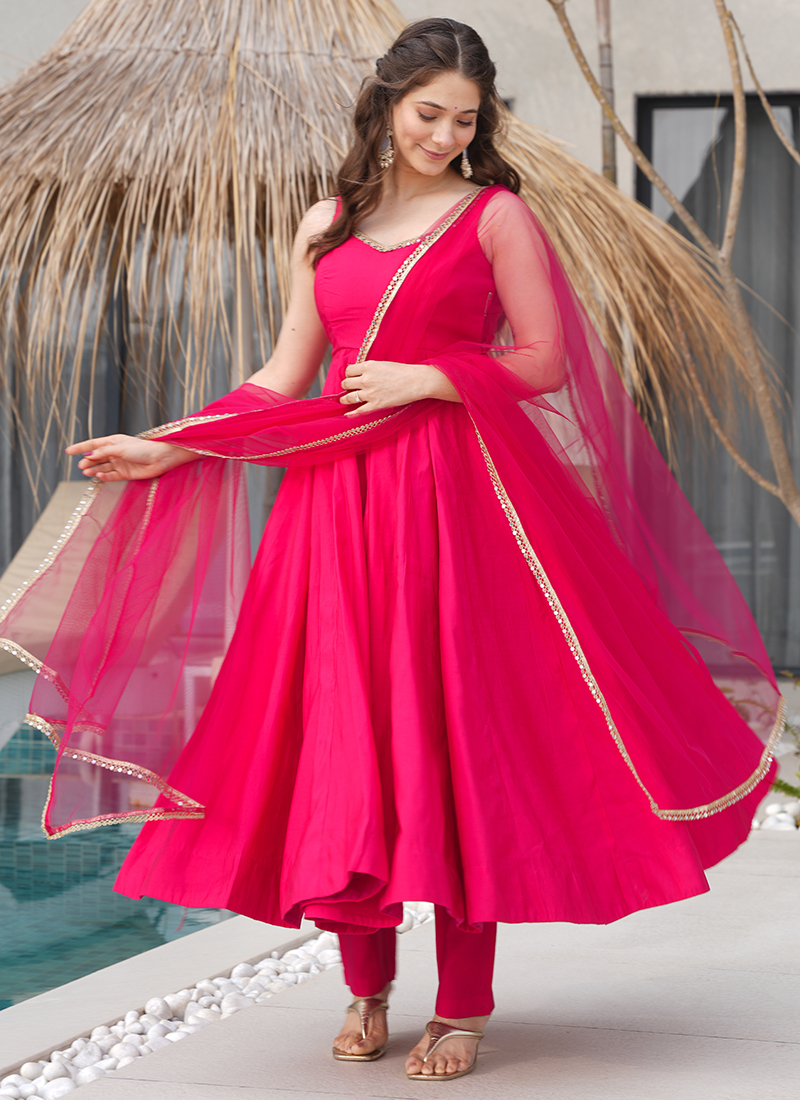 Buy Pure Chanderi Rani Pink Party Wear Border Work Readymade