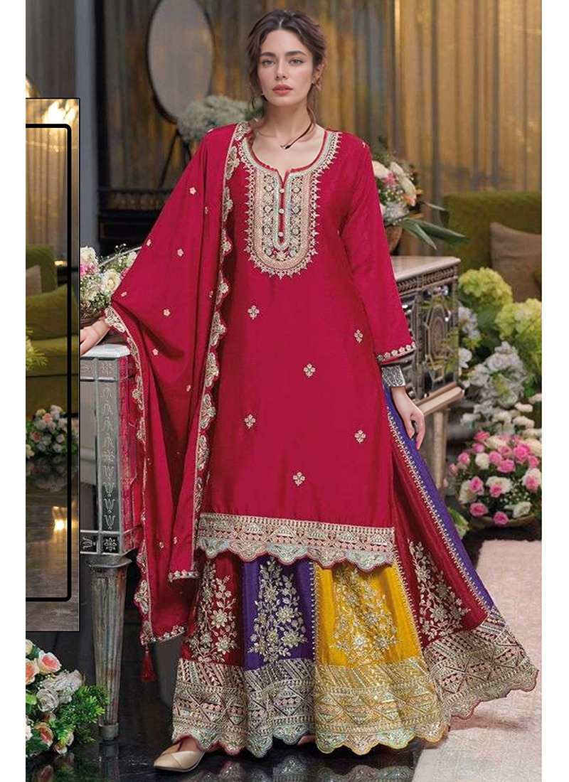 Costume Sharara Indien Véritable Chinon Avec Broderie - Tenue De Fête, Soirée - Haut, Bas Et Dupatta Inclus