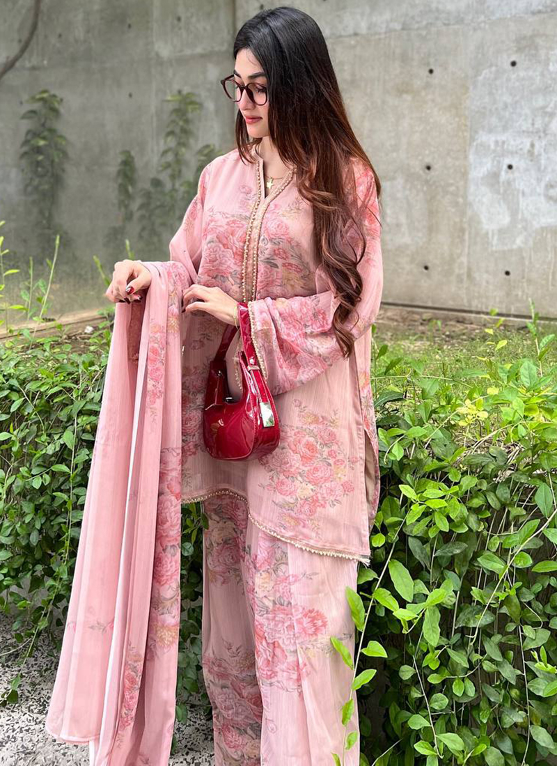 Pink Designer Readymade Faux Georgette Pant Suit With Heavy Jari Sequence Embroidery Work