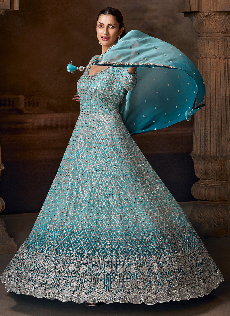 Buy Chinnon Silk Sky Blue Bridal Wear Embroidery Work Readymade