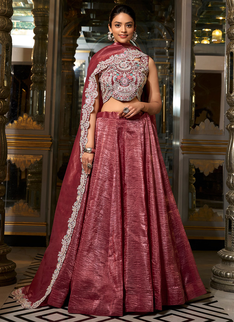 Buy Gold Crush Rose Pink Party Wear Jarkan Work Lehenga Choli Online ...
