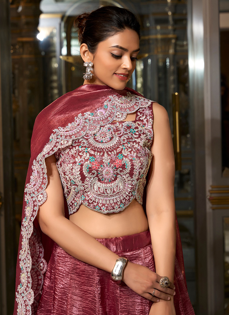 Buy Gold Crush Rose Pink Party Wear Jarkan Work Lehenga Choli Online ...