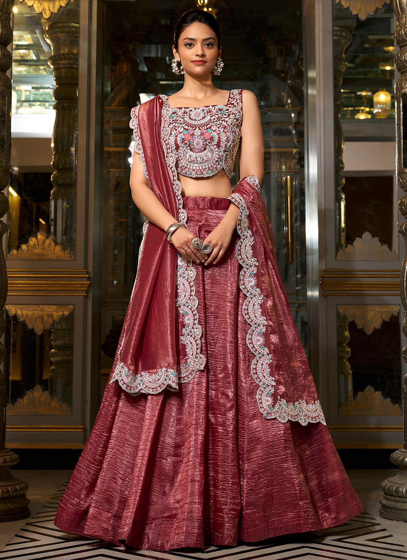 Buy Gold Crush Rose Pink Party Wear Jarkan Work Lehenga Choli Online ...