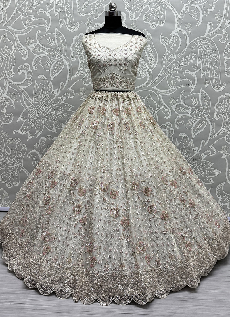 Buy Heavy Net White Wedding Wear Hand Work Lehenga Choli Online From ...