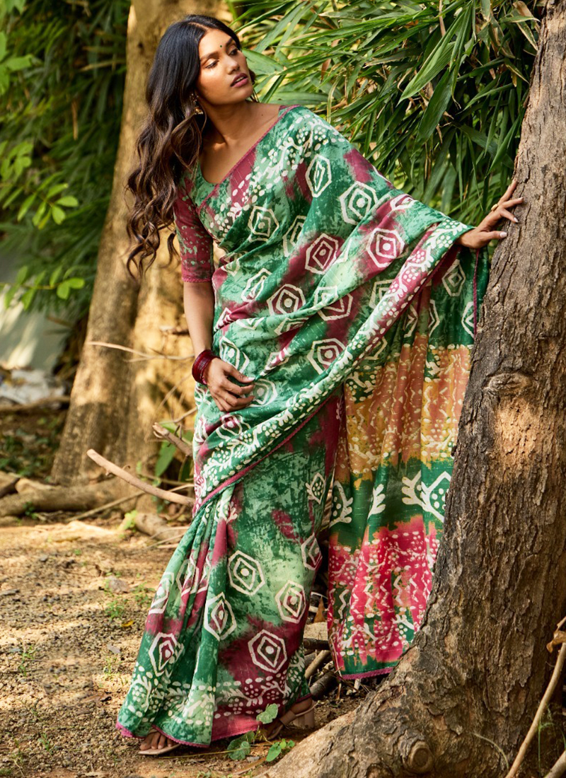 Buy Cotton Green Daily Wear Batik Print Saree Online From