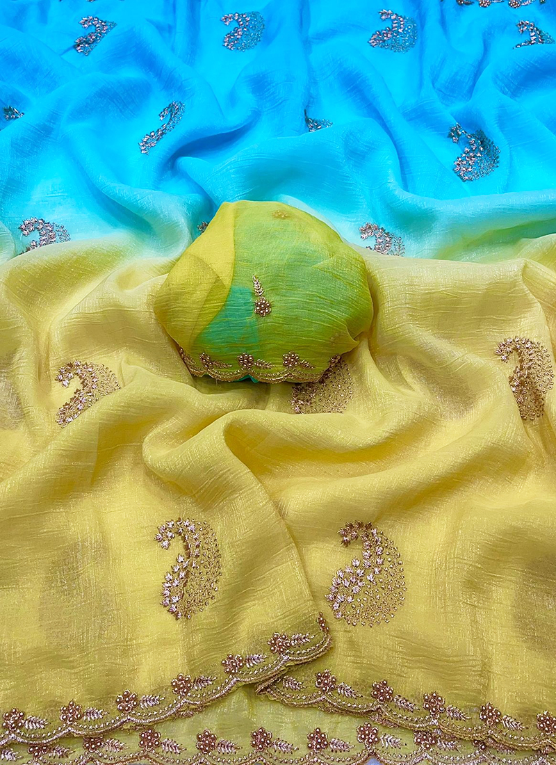 Women Party Wear Half Crush and Half Plain Rama Colour Chinon Saree Collection
