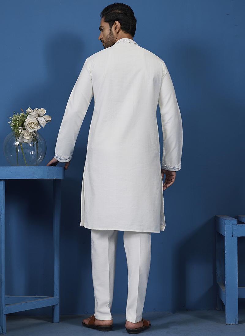 White Rawsilk Jacket Kurta Set With Resham And Mirror Work main image 1