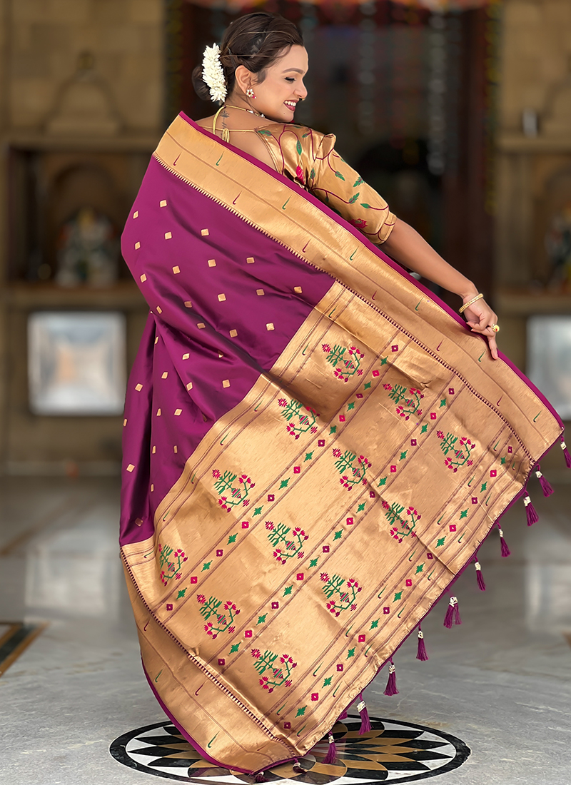 Wine Paithani Silk Saree with Zari Weaving, Meenakari Pallu & Double Munia Border main image 1